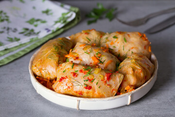 Stuffed cabbage leaves with meat, rice and vegetables. Chou farci, dolma, sarma, sarmale, golubtsy or golabki - popular dish in many countries.