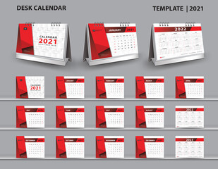 Set Desk Calendar 2021 template vector and desk calendar 3d mockup, Calendar 2022-2023 template design, Red cover design, Set of 12 Months, Week starts Sunday, Stationery.