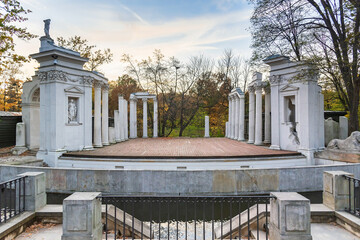 Fototapeta na wymiar Ancient Theater on Island in Royal Baths Park in Warsaw