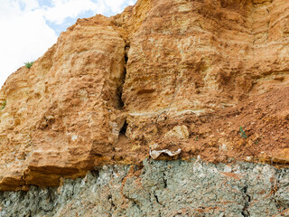 Desert landscape with multi-colored yellow, green and blue clay deposits of minerals in geological formations