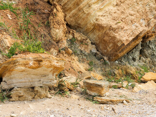 Mountain landslide disaster in sesmically dangerous area. Large cracks in earth, descent of large...