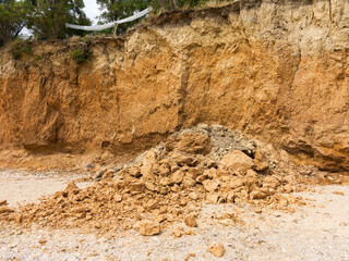 Mountain landslide disaster in sesmically dangerous area. Large cracks in earth, descent of large layers of earth blocking road. Mortal danger of damming people at foot of landslide slopes of mountain