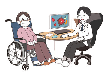 治験の話をする男性医師　マスクをつけた高齢女性患者　車椅子