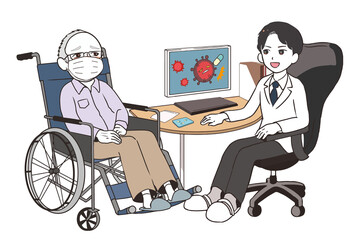 治験の話をする男性医師　マスクをつけた高齢男性患者　車椅子