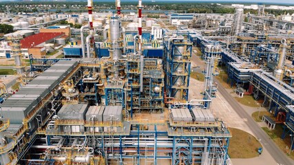 Industrial Gdansk oil refinery plant infrastructure, aerial drone shot. High quality photo