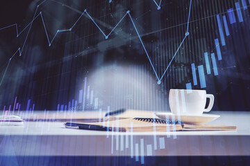 Multi exposure of forex graph drawing and desktop with coffee and items on table background. Concept of financial market trading