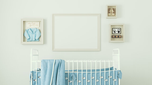 3d rendering of baby crib and photos on wall. Mockup opportunity