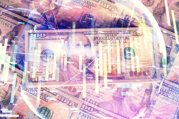 Multi exposure of business theme drawing over us dollars bill background. Concept of financial success.