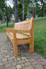 A wooden bench stands in a summer park on a stone paving slab