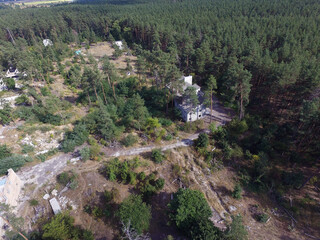 Ghost town in Eastern Europe (aerial drone image). Modern ruins. Kiev region. Ukraine