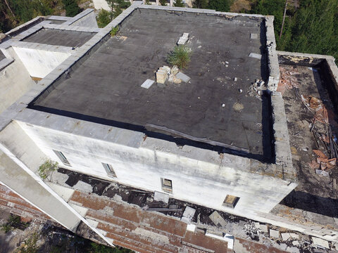 Ghost town in Eastern Europe (aerial drone image). Modern ruins. Kiev region. Ukraine