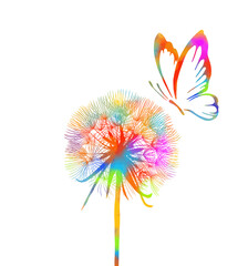 Naklejki  Rainbow Dandelion z motylem. Ilustracja wektorowa.
