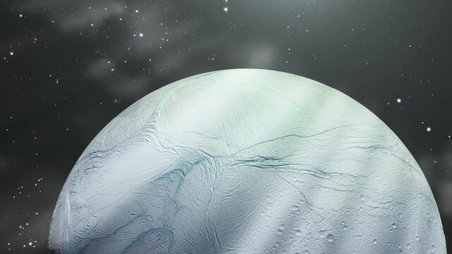 Approaching Enceladus, Moon of Saturn. Elements of this Image furnished by NASA. 