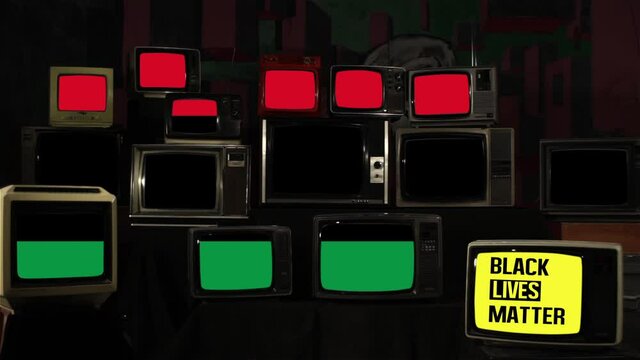 Afro-American flag (Pan African flag), Black Lives Matter Logo and Vintage Televisions.