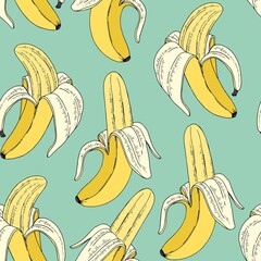 Bananas on a mint background. Vector seamless pattern with fruits. Digital paper. - 374584952