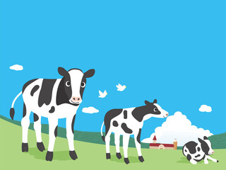 牧場と子牛の風景イラスト