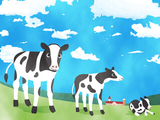 水彩 牧場と子牛の風景イラスト