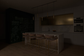3D render of a kitchen with big cooking island