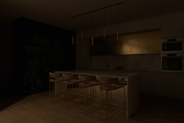 3D render kitchen interior design. Kitchen design ideas 2020