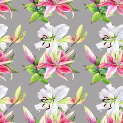 Watercolor seamless pattern with lily,  pink white lilly flowers, botanical drawing. Stock illustration. Fabric wallpaper print texture.