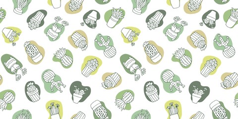 Seamless pattern cactus and succulents hand drawn on white background. Vector illustration in Perfect for fabric, textile, wrapping paper, backdrop , T-shirts, bedclothes,web banner