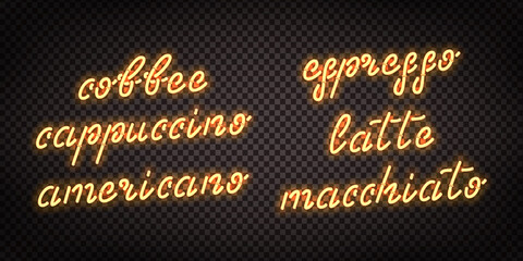Vector set of realistic isolated neon sign of Coffee logo for template decoration and covering on the transparent background. Concept of cafe and coffee shop.