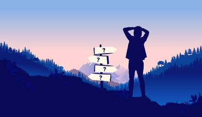 Youth life choices - Young male standing in front of directional sign wondering about life paths. Choose, pick a path and  the way forward concept. Vector illustration.