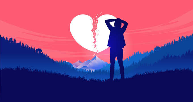 Heartbreak - Young man standing alone in nature with hands on head feeling frustrated, sad and betrayed. Broken heart, breakup and divorce concept. Vector illustration.