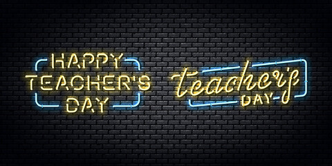 Vector set of realistic isolated neon sign of Happy Teacher's Day for decoration and covering on the wall background.