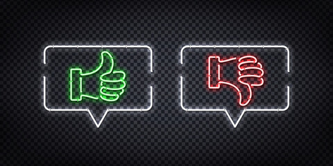 Vector realistic isolated neon sign of Thumb up and down speech bubble logo for decoration and covering on the transparent background. Concept of rating, network and social media.