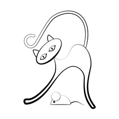 Cat and mouse in profile. A black-and-white outline image on a white isolated background. Vector illustration