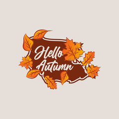 Vector illustration: Handwritten lettering of Hello Autumn on hand drawn leaves background.