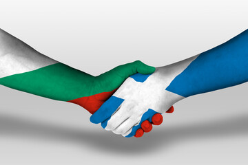 Handshake between scotland and bulgaria flags painted on hands, illustration with clipping path.