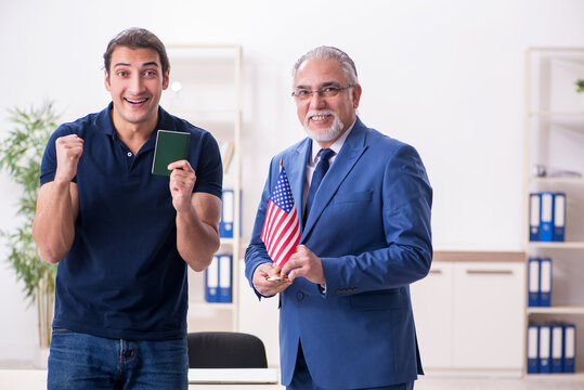 Young man visiting embassy for visa application