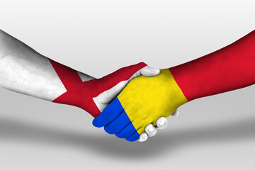 Handshake between romania and england flags painted on hands, illustration with clipping path.