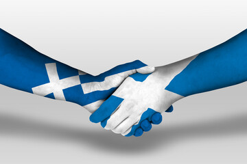 Handshake between scotland and greece flags painted on hands, illustration with clipping path.
