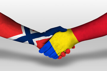 Handshake between romania and norway flags painted on hands, illustration with clipping path.