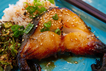 Oven Broiled Miso Butterfish Black Cod Steak with shaved brussels sprouts and rice