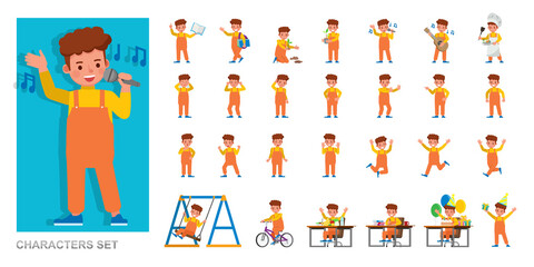 Set of kid character vector design. Boy wear orange dungarees and playing. Presentation in various action with emotions, running, standing and walking.