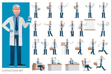 Set of Man Scientist character vector design. Presentation in various action with emotions, running, standing and walking.