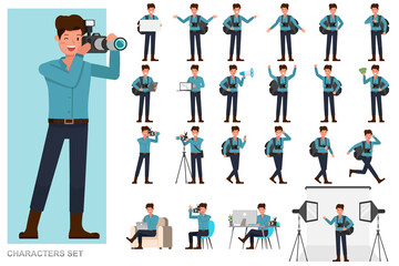 Set of photographer man character vector design. Presentation in various action with emotions, running, standing and walking.