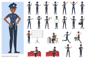 Set of Policewoman working character vector design. Presentation in various action with emotions, running, standing and walking.