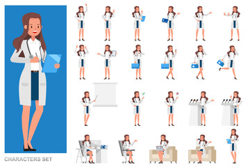 Set of Woman doctor working character vector design. Presentation in various action with emotions, running, standing and walking.