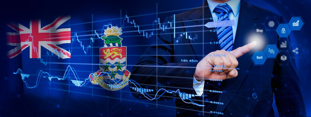 Businessman touching data analytics process system with KPI financial charts, dashboard of stock and marketing on virtual interface. With Cayman Islands flag in background.