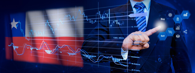Businessman touching data analytics process system with KPI financial charts, dashboard of stock and marketing on virtual interface. With Chile flag in background.