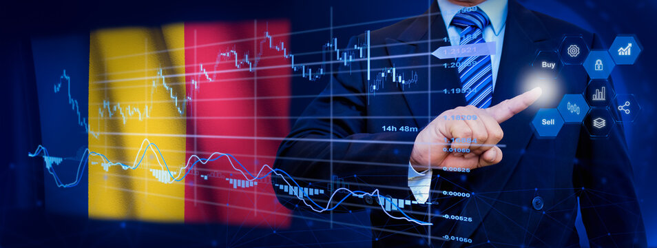 Businessman touching data analytics process system with KPI financial charts, dashboard of stock and marketing on virtual interface. With Chad flag in background. - Powered by Adobe