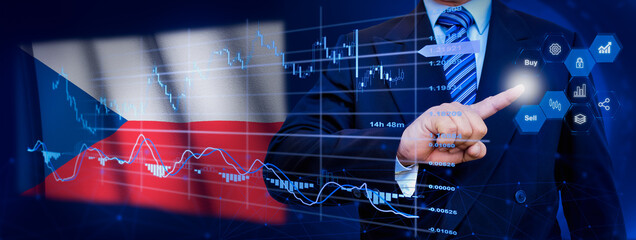 Businessman touching data analytics process system with KPI financial charts, dashboard of stock and marketing on virtual interface. With Czech Republic flag in background.