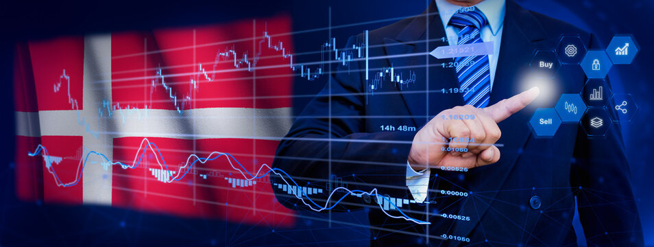 Businessman touching data analytics process system with KPI financial charts, dashboard of stock and marketing on virtual interface. With Denmark flag in background. - Powered by Adobe