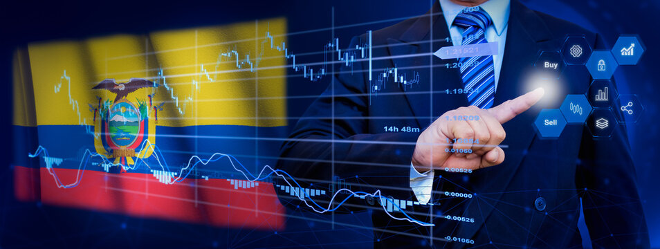 Businessman touching data analytics process system with KPI financial charts, dashboard of stock and marketing on virtual interface. With Ecuador flag in background. - Powered by Adobe