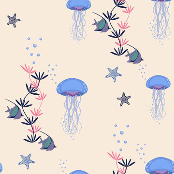 Seamless vector illustration with jellyfish and fish